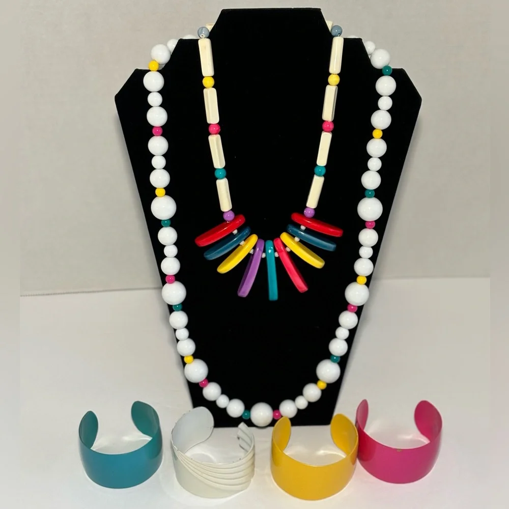 VTG Colorful Chunky Bead Necklaces Enamel Over Metal Cuff Bracelets Lot of 6